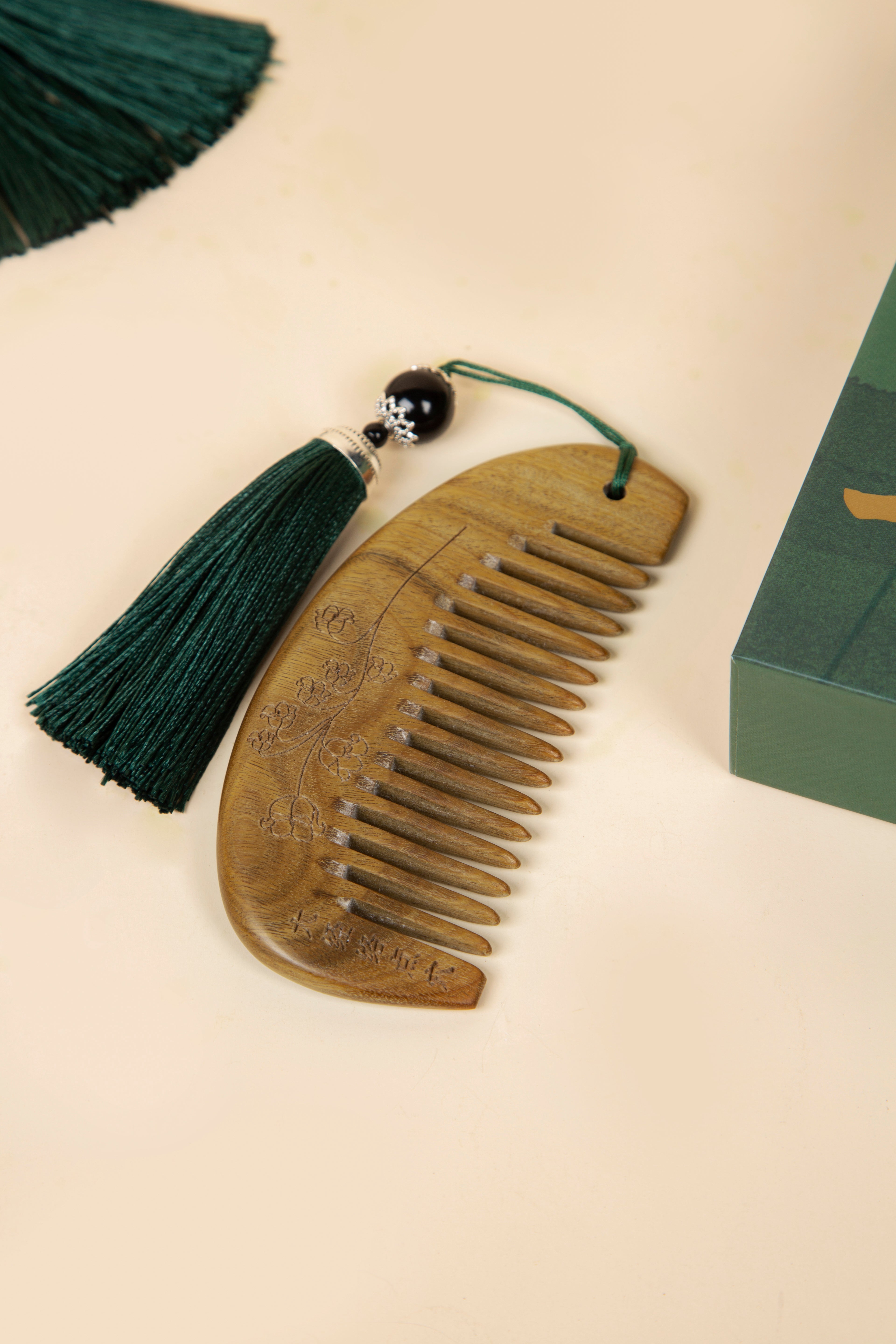 Carved Green Sandalwood Comb — Fine-Tooth Lily of the Valley Hair Comb with Tassel