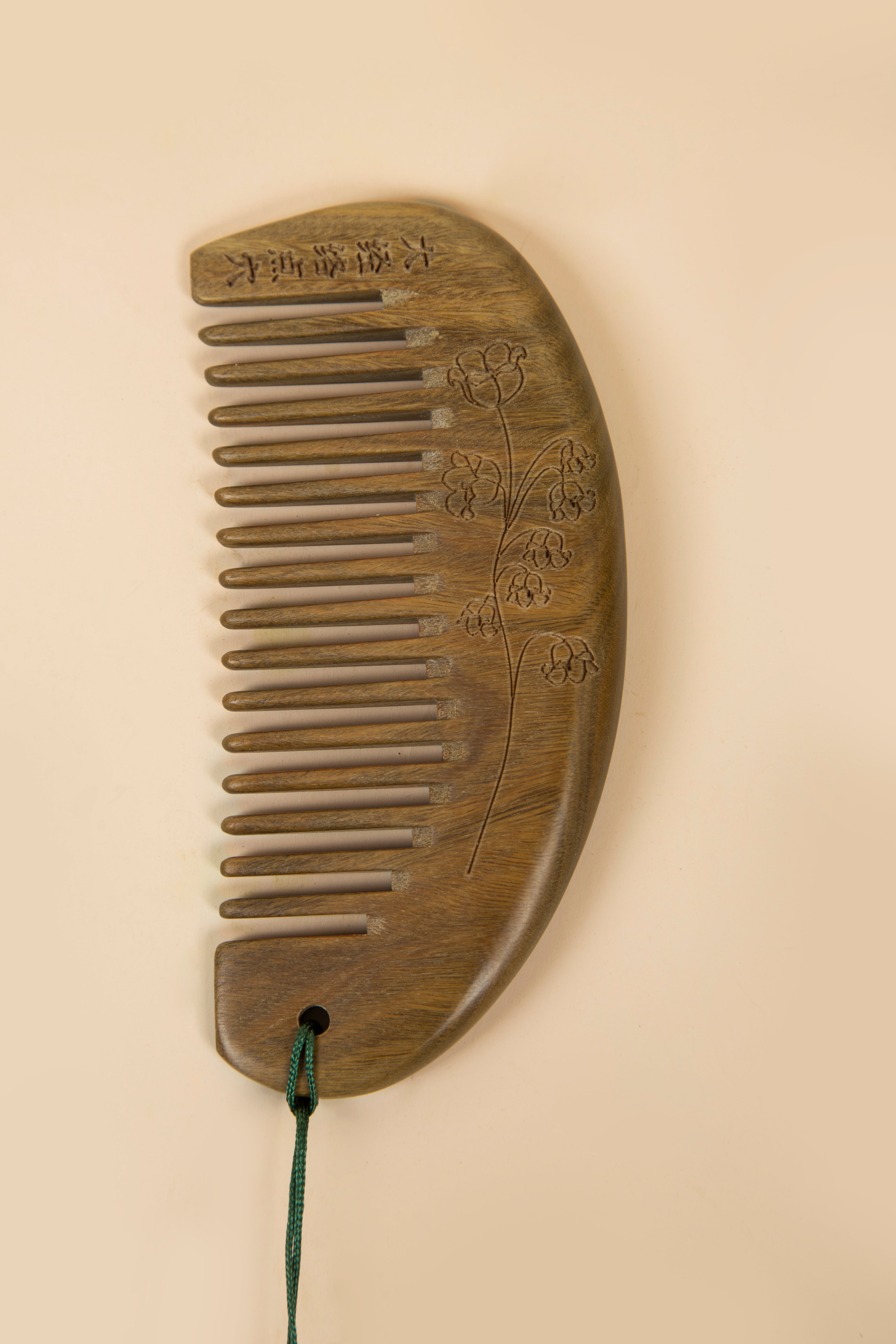 Carved Green Sandalwood Comb — Fine-Tooth Lily of the Valley Hair Comb with Tassel