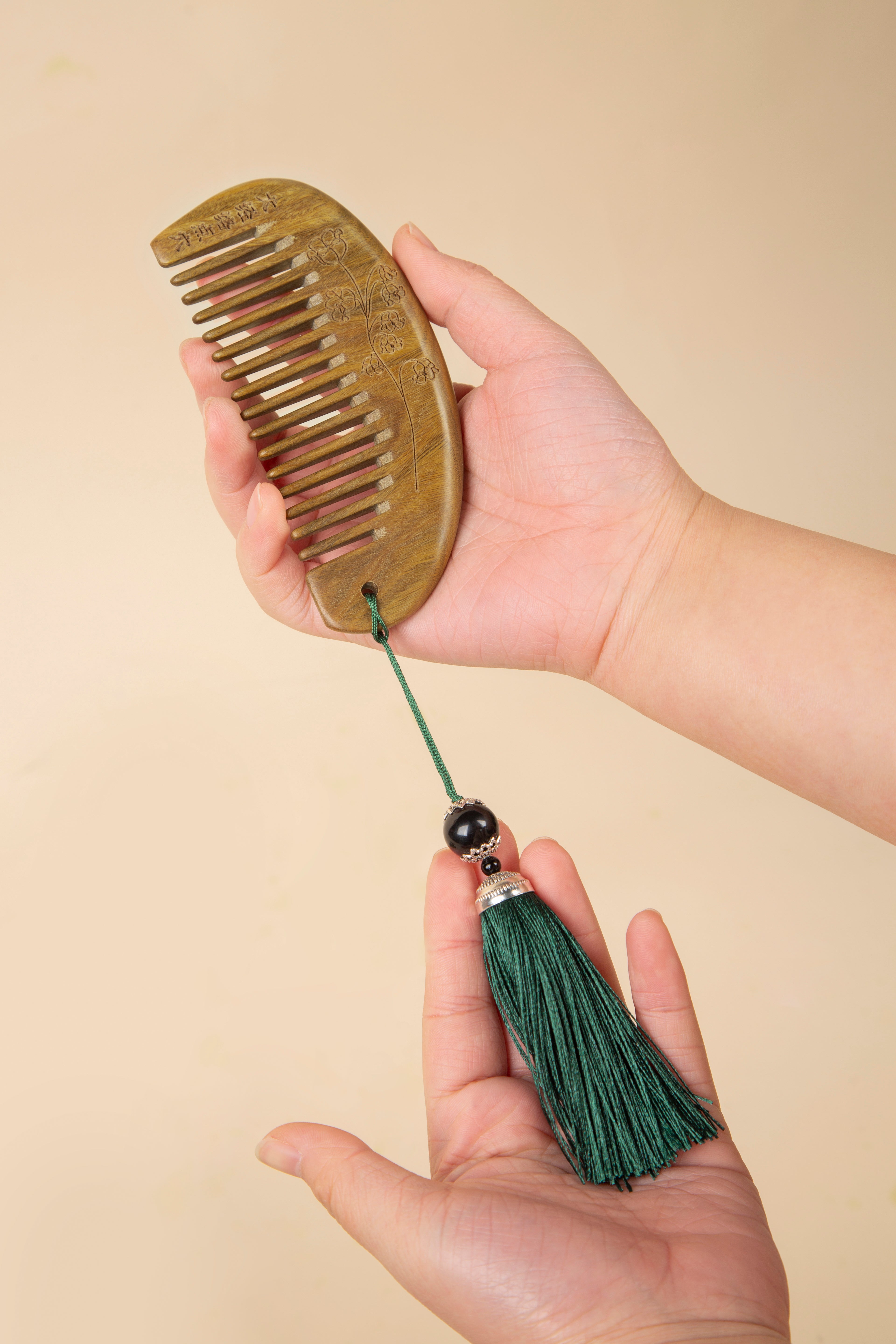 Carved Green Sandalwood Comb — Fine-Tooth Lily of the Valley Hair Comb with Tassel