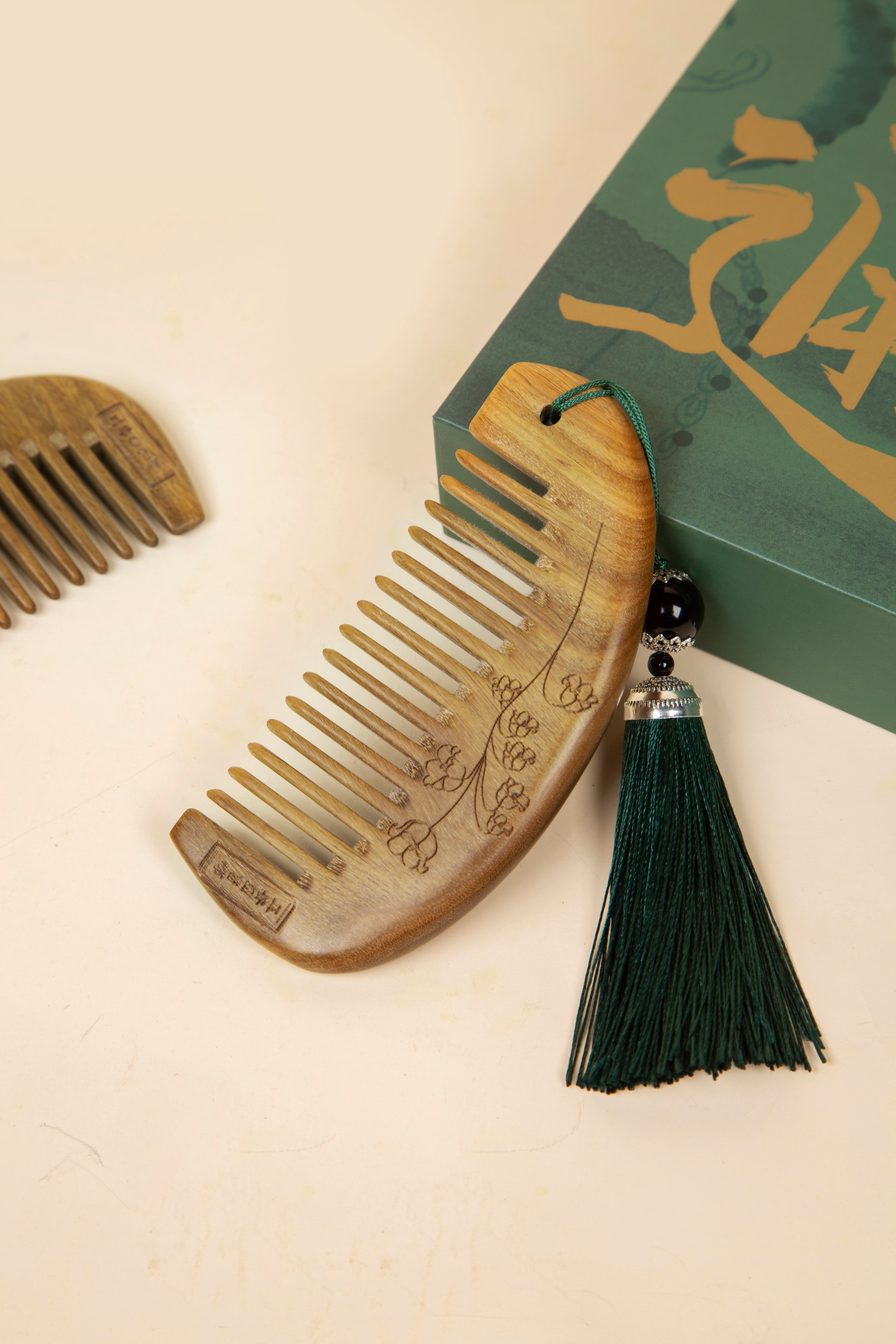 Carved Green Sandalwood Comb — Fine-Tooth Lily of the Valley Hair Comb with Tassel