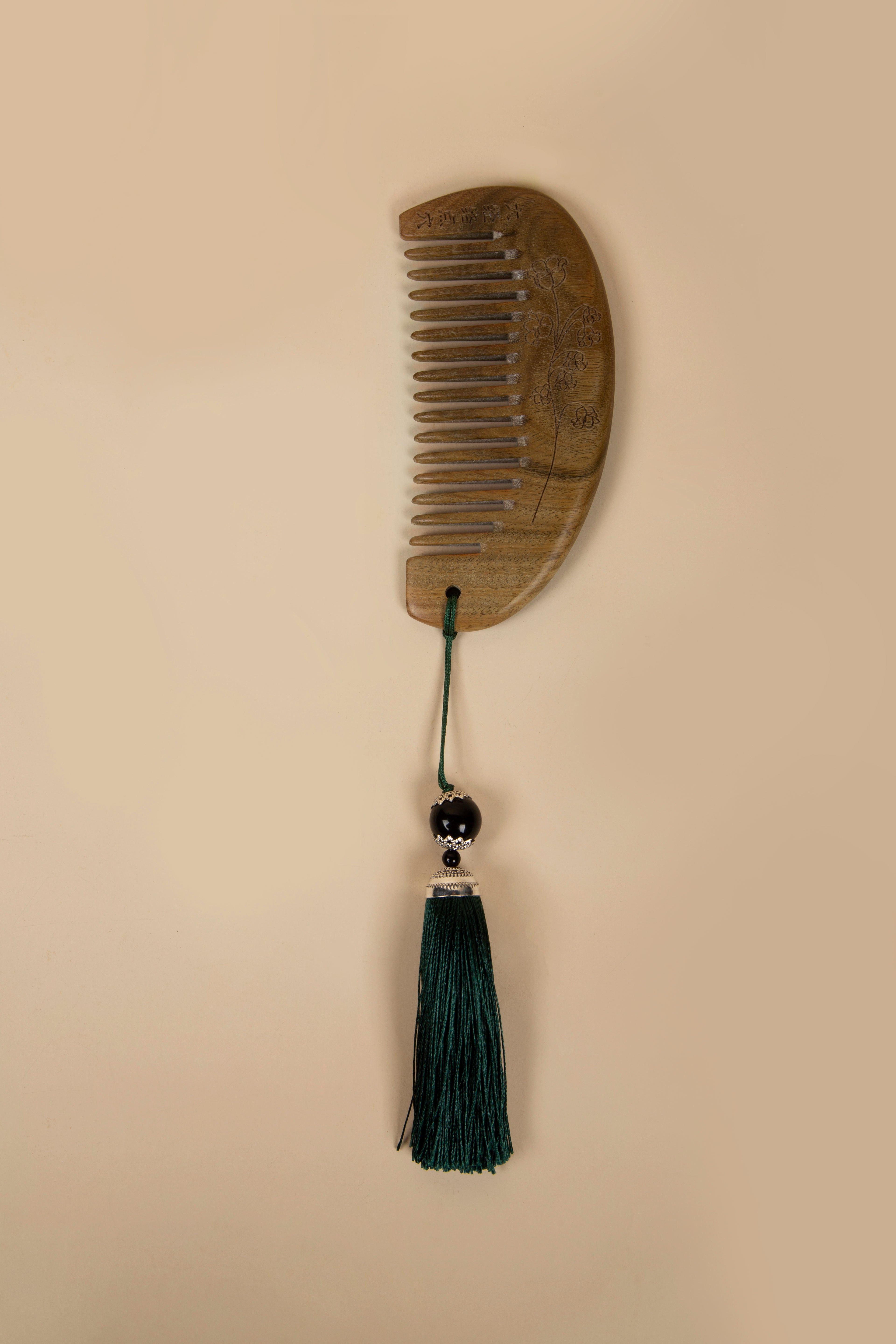 Carved Green Sandalwood Comb — Fine-Tooth Lily of the Valley Hair Comb with Tassel