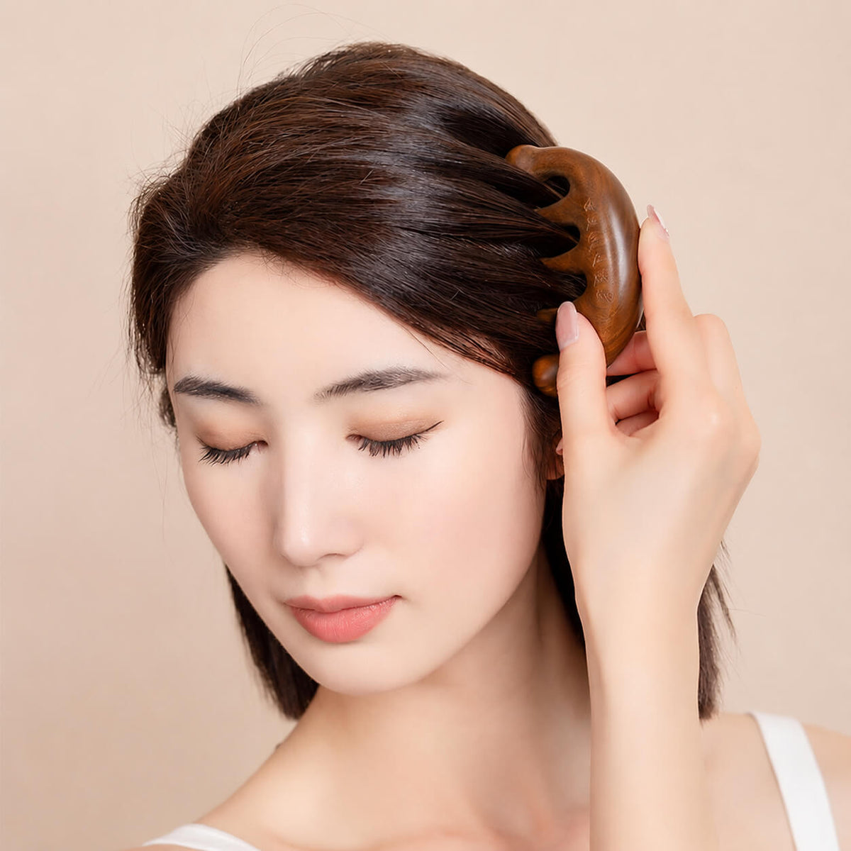 Sandalwood massage comb with traditional Chinese packaging and patterned pouch, presented as a handcrafted scalp massage and relaxation tool on a warm beige background.