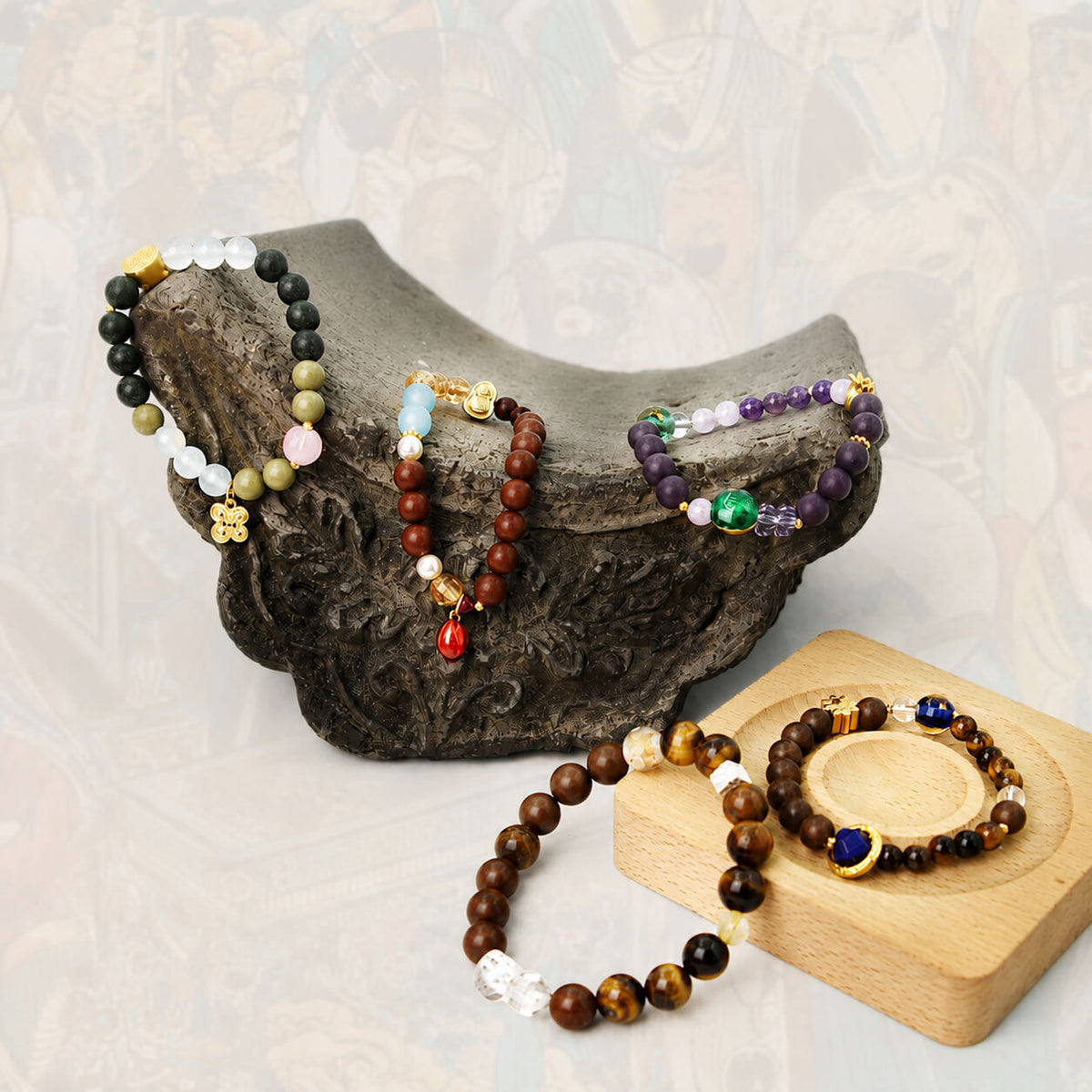 Yongle scented bead bracelets with natural gemstones, amber, sandalwood, and traditional Chinese-inspired designs